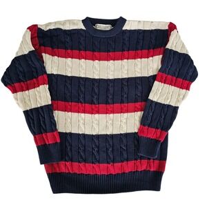 VTG John Ashford Men's Sweater Cable Knit Patriotic Striped Sz M 100% Cotton